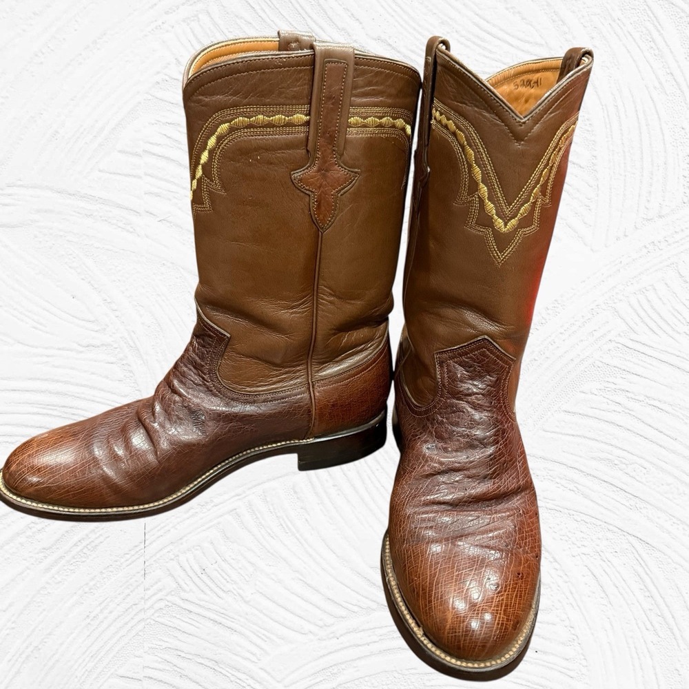 P's by Ferrini Mens Sz 9 D Ostrich Leather Cowboy Boots Brown Embroidery Mexico